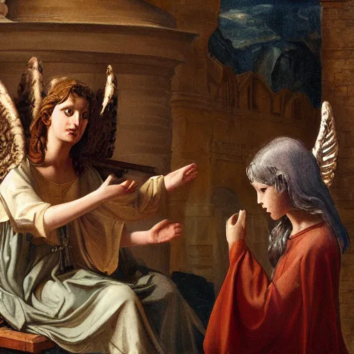 Image similar to an biblically accurate angel having a conversation with a very confused goth girl, masterpiece, old painting, 4 k scan, high attention to detail.