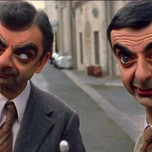 Prompt: Movie scene of Mr. Bean, played by Rowan Atkinson, escaping the scene of a crime