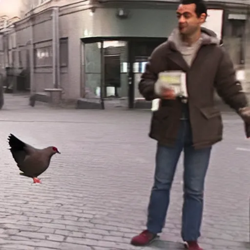 Prompt: surveillance camera footage of xavi hernandez on the street holding a pigeon