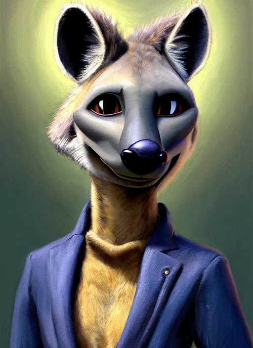 Image similar to oil painting detailed full body of anthromorphic female hyena, in style of zootopia, zootopia, zootopia, fursona, furry, furaffinity, 4 k, deviantart, furry art, fursona art, wearing black business suit, business suit, in style of zootopia, hyena fursona, cyberpunk, female, expressive, detailed feminine face,