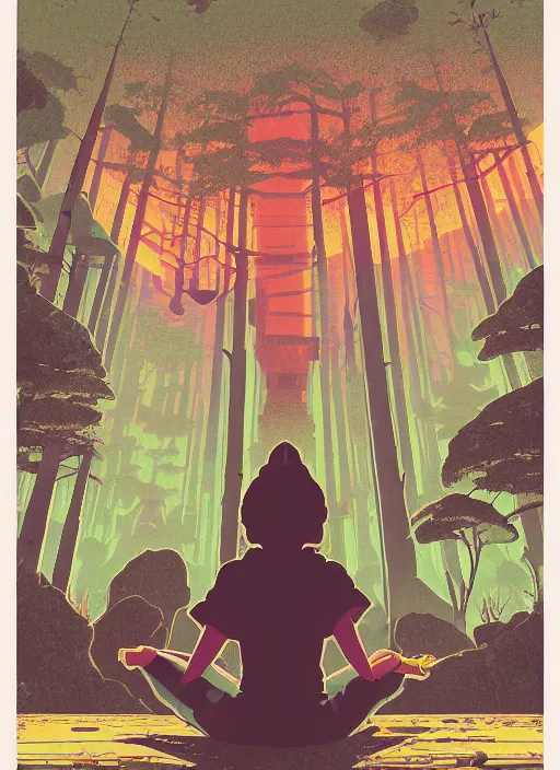 Image similar to an indie game poster of a translucent cyberpunk explorer meditating on an ancient platform in the middle of a dense forest, midnight, risograph by ghostshrimp, kawase hasui, josan gonzalez, jean giraud, moebius, colourful flat surreal design, in the style of oxenfree, super detailed, a lot of tiny details