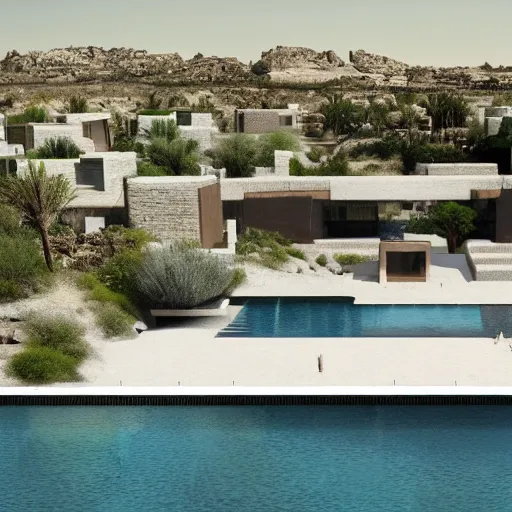 Image similar to architectural rendering of habitat 6 7 in the desert, biophilia mood, pool, garden