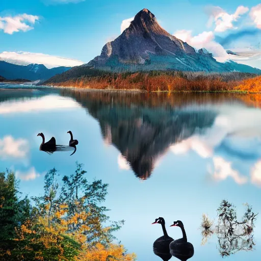 Image similar to photo of two black swans touching heads in a beautiful reflective mountain lake, a colorful hot air balloon is flying above reflecting off water, hot air balloon, intricate, 8k highly professionally detailed, centered, HDR, CGsociety