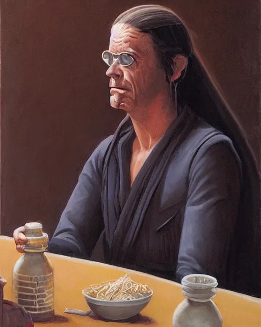 Image similar to rhett sarlin sitting at a table in a cantina on tatooine, long black hair in a ponytail, portrait by ralph mcquarrie