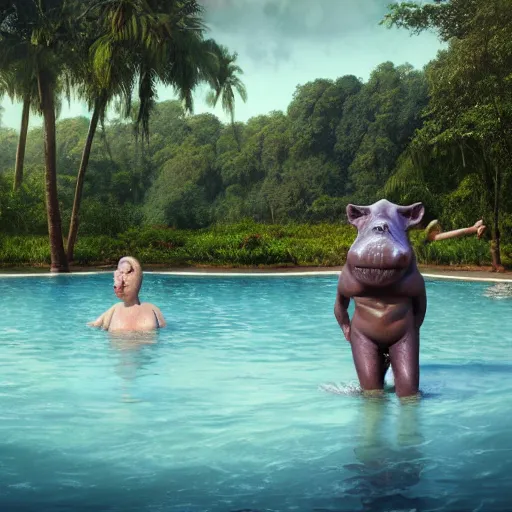 Image similar to 3D render of an anthropomorphic hippo wading in a pool at a beautiful and lush park. There is a jungle in the background, summer, warm gentle lighting, anatomy portrait, fullbody, symmetrical, 3D, with lightning, ultra colourful clean design, beksinski, carl spitzweg, Beeple, and Tuomas Korpi and bouguereau, good clear quality, warm lighting, biology, symmetrical artwork, perfect face, 135 mm, cinematic, hyper realism, high detail, octane render, Maya Render, 8k, pink and green accents