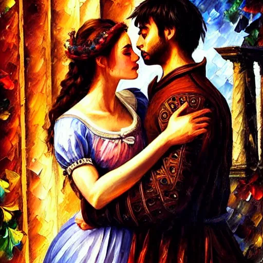 Image similar to highly detailed painting of shakespeare's romeo and juliet in the city of verona, italy. intricate, high quality oil painting artstyle, in the style of leonid afremov, deviantart, figurative art, deviantart, ilya kuvshinov, lovecraftian, very detailed face, portrait