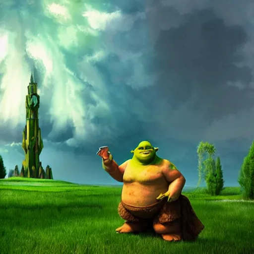 Image similar to giant shrek with wings, thunderstorm, swamp, realism, flying fairies, hot summer chill