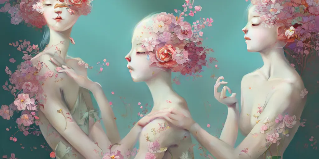 Image similar to breathtaking delicate many detailed concept art with flowers and girls, by hsiao - ron cheng, bizarre compositions, exquisite detail, pastel colors, 8 k