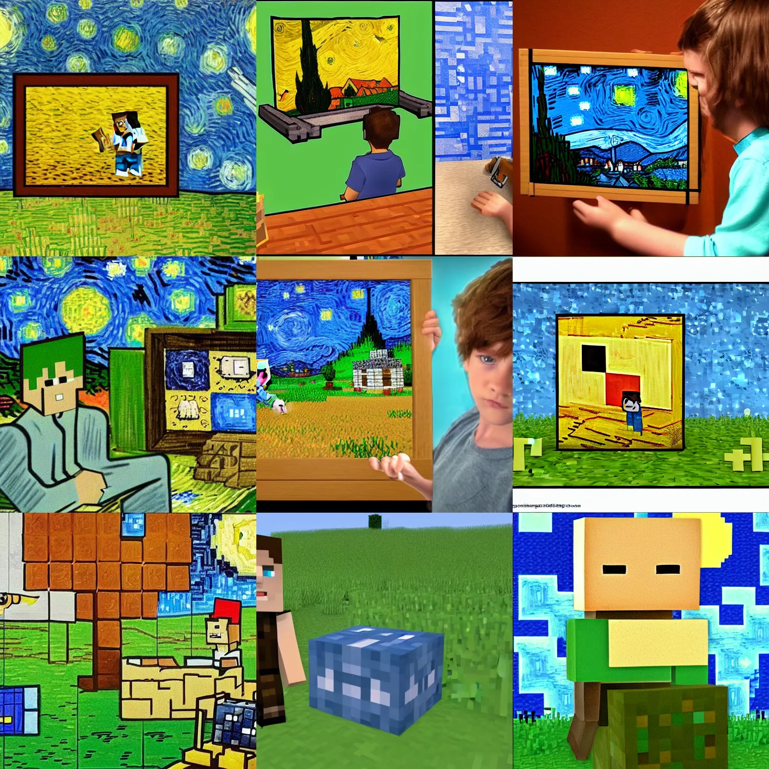 Prompt: child plays Minecraft in 2012 on a summer night, in the style of Van Gogh