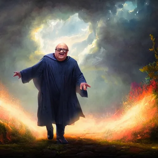 Image similar to Danny DeVito as a magical wizard. Academic painting by Greg Rutkowski, Mobile still frame. 4K UHD