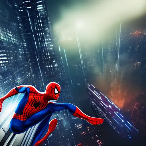 Image similar to A hyperdetailed photograph of Spider-Man swinging through the skies of a cyberpunk, futuristic city, night, dense fog, rain, HD, 8K resolution