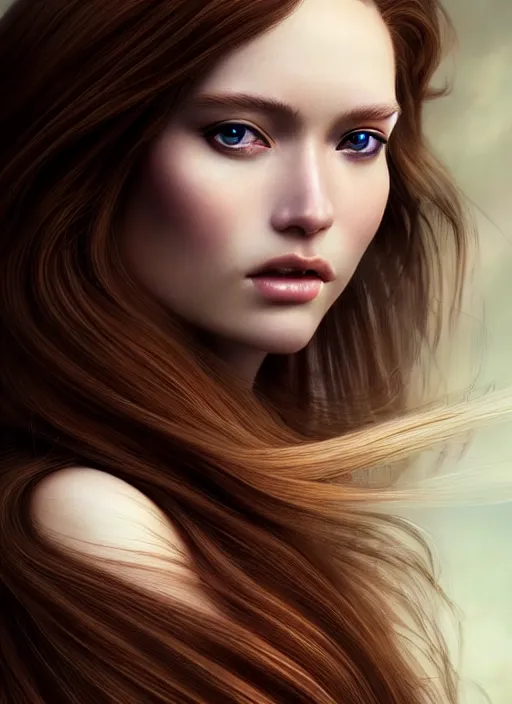 Image similar to a gorgeous female with long brown, hair photo by tim walker, realistic, full body shot, wide angle, sharp focus, 8 k high definition, insanely detailed, intricate, elegant, art by stanley lau and artgerm, floating embers