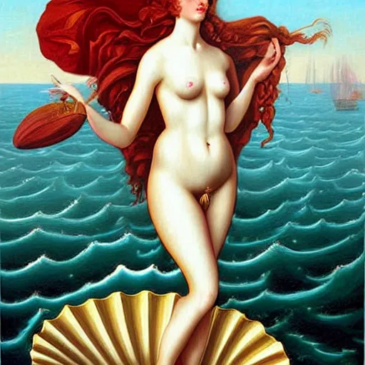 Prompt: the birth of venus painting by godmachine, brom and mc esther