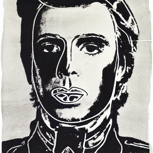 Image similar to screenprint solarized portrait of a cop in riot gear by andy warhol