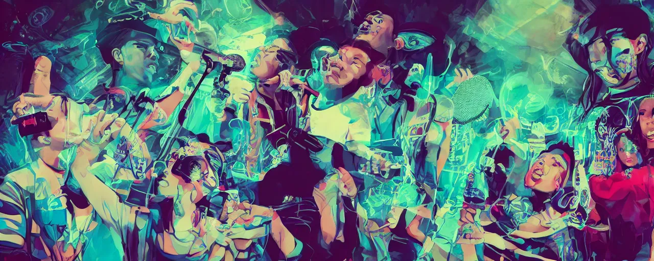 Image similar to four friends rapping with microphone in living room, epic pose, white people, Asian people, Hispanic people, Indian people, silhouetted, distinct, digital art, vaporwave, psychedelic, surreal, trending on Artstation, professional artist, detailed, 4k