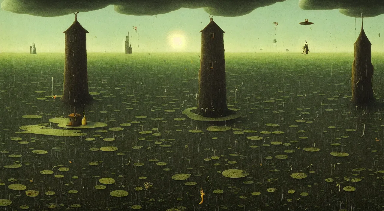 Prompt: single flooded simple!! fungus tower clear empty sky, very coherent and colorful high contrast ultradetailed photorealistic masterpiece by franz sedlacek dean ellis simon stalenhag rene magritte hieronymus bosch gediminas pranckevicius, dark shadows, sunny day, hard lighting