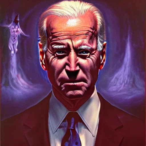 Image similar to epic Joe Biden in pandemonium, demons and souls, portrait, art by Wayne Barlowe, oil on canvas