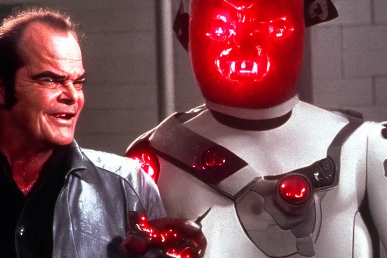 Prompt: Jack Nicholson in costume of Pikachu Terminator scene where his endoskeleton gets exposed and his eye glow red still from the film