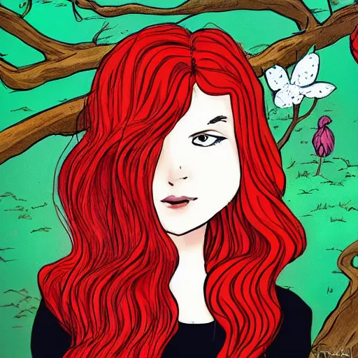 Image similar to colorful, detailed, comic, depicting an infp girl with red hair, amid nature