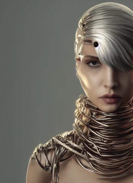 Image similar to white cyborg fashion shot, cyber copper wires and spirals hairdo, baroque design, headshot half figure, photorealistic, unreal engine, trending on artstation,