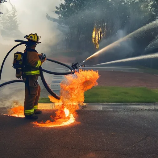 Image similar to photo of a firefighter using a flamethrower projecting a long flame. highly-detailed