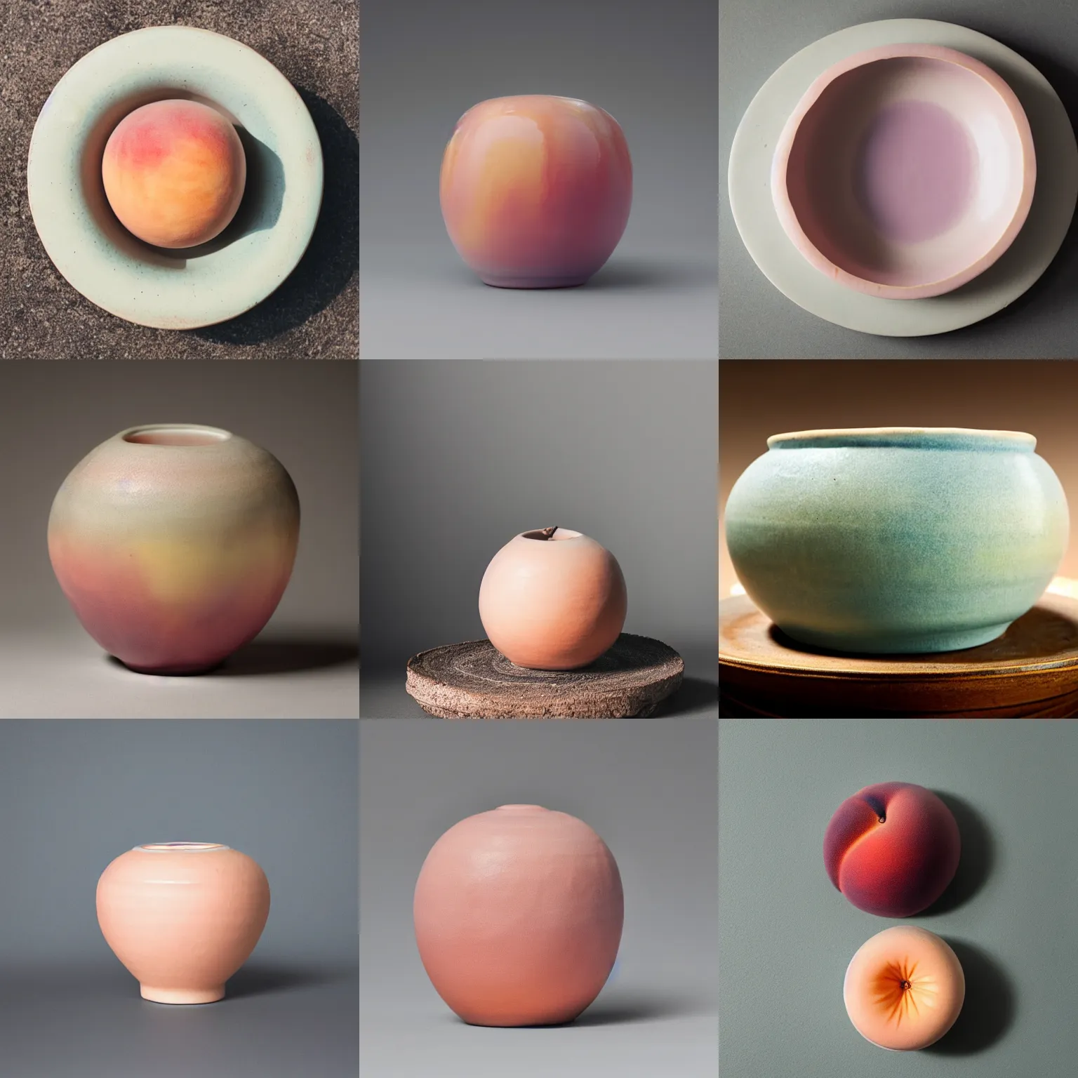 Prompt: A round peach-shaped ceramics piece, pastel glaze, professional art photography