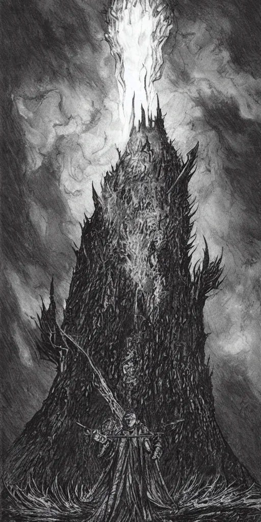 Prompt: a dark tower on fire upon a hill surrounded by a dark forest , high fantasy, drawn by Kentaro Miura, Tarot card, tarot card the tower