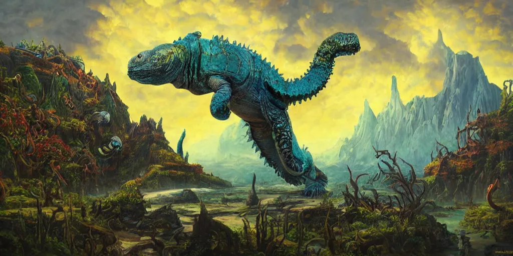 Image similar to fantasy oil painting, great leviathan, cybernetic turtle cephalopod terrapin reptilian pachyderm squid, bella hadid, hybrid, milla jovovich, anubis, epic natural light, lush plants flowers, spectacular mountains, bright clouds, luminous sky, outer worlds, golden hour, michael cheval, edward hopper, michael whelan, vray, hd