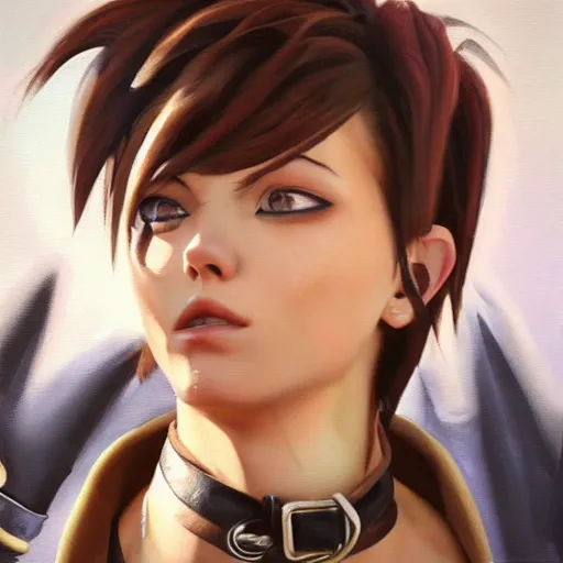 Image similar to oil painting of tracer overwatch in a field wearing large leather belt choker collar around neck, in style of mark arian, expressive face, detailed face, detailed eyes, full body, feminine face, tracer overwatch,