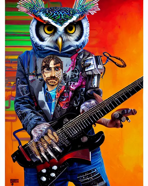 Image similar to a portrait of an anthropomorphic cyberpunk owl shredding an electric guitar by sandra chevrier, by jon foster, detailed render, tape deck, epic composition, cybernetics, 4 k realistic, cryengine, realistic shaded lighting, sharp focus, masterpiece, by enki bilal