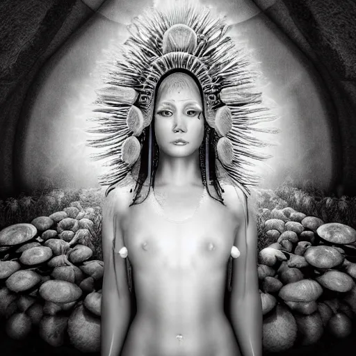 Image similar to mushroom goddess with extremely elegant headdress with group of elders in a ceremony for plant medicine, beautiful, hiroya oku, yoshitaka amano, alex grey, black and white, beautiful lighting, cinematic still, quantum gravity 3 d render, 8 k