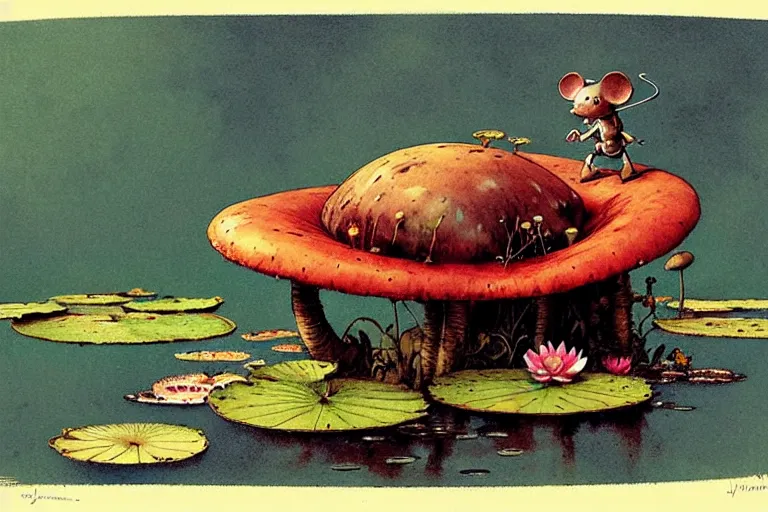 Image similar to adventurer ( ( ( ( ( 1 9 5 0 s retro future robot mouse amphibious vehical home android. muted colors. swamp mushrooms. water lilies ) ) ) ) ) by jean baptiste monge!!!!!!!!!!!!!!!!!!!!!!!!! chrome red