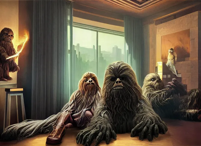 Prompt: wookiee is comfy at home trading crypto. the charts are at all time highs, gains, green charts, painting by grant wood and frank frazetta, 3 d rendering by beeple, wlop