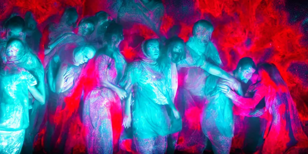 Image similar to love, groups of people in glowing thermal colors, from behind, rebirth, wide angle, cinematic atmosphere, elaborate, highly detailed, thermal heat colors, dramatic lighting