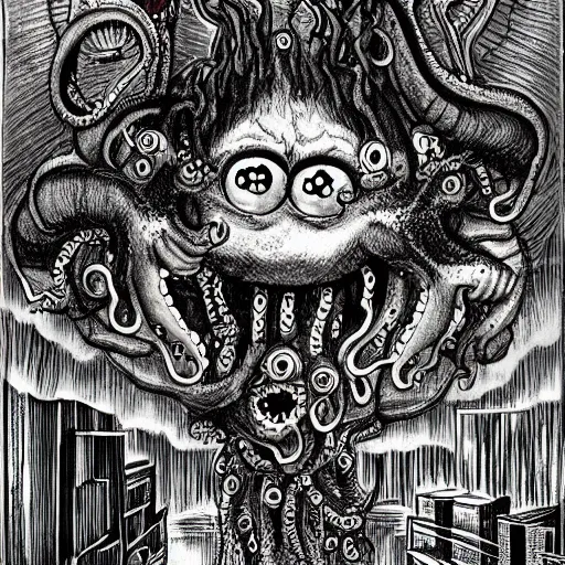 Prompt: terrifying corgi demon monster, tentacles, many eyes, many teeth, looming over a cityscape, manga by junji ito, detailed drawing, dark, horror
