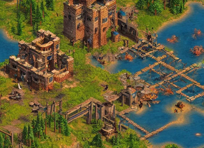 Prompt: isometric map of age of empires video game, procedural, top down, AOE2 , civilization, river, forest, cave, mountain, futuristic , woods, hills, buildings, snow, , digital art,realistic,detailed,art by greg rutkowski