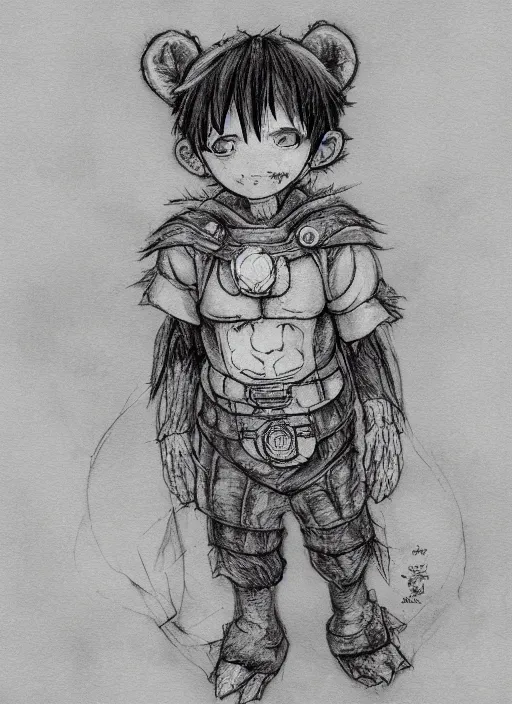 Image similar to beautiful little boy wearing an cyborg bear suit, artwork in kentaro miura and made in abyss and rosdraws, smooth, beautiful lightness, anatomically correct, trending on pixiv, forest