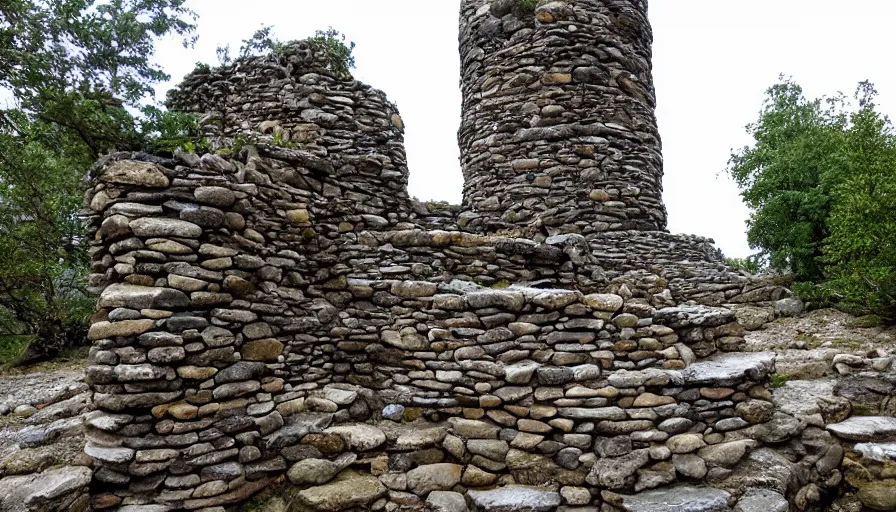 Prompt: stone tower made of individual stones on the mountain river