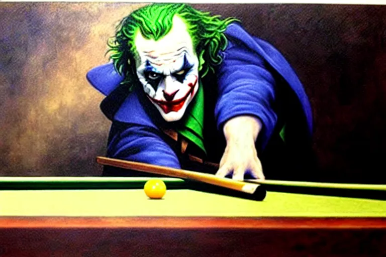 Image similar to a portrait of the joker playing pool by alan lee