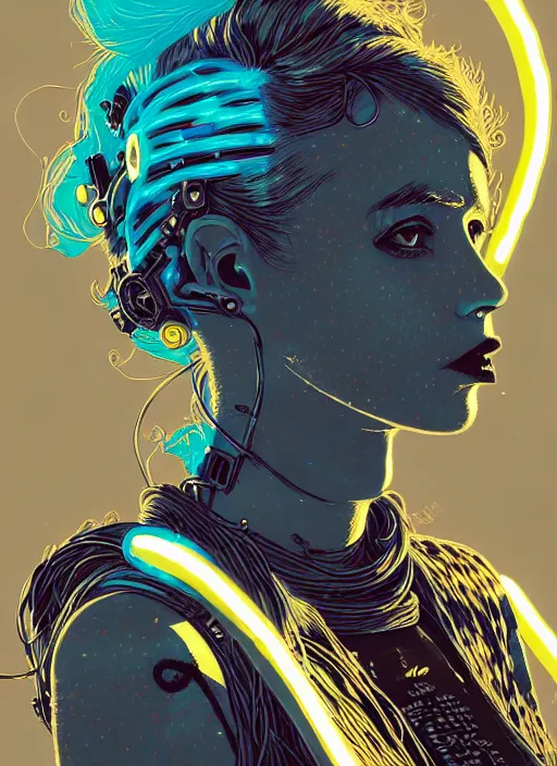 Prompt: highly detailed portrait of wasteland punk long curly neon blue electricity hair tribal lady, stray electric spark wiring by atey ghailan, james gilleard, by joe fenton, by greg rutkowski, by greg tocchini, by kaethe butcher, 4 k resolution, gradient yellow, black and white color scheme!!! ( ( lightning cloudy robotic dystopian city background ) )