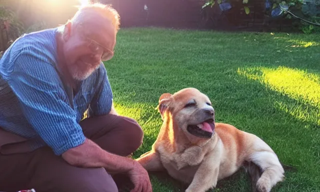 Image similar to My dad Steve just took a hit from the bongo and have good time being gracefully relaxed in the garden, sunset lighting. My second name is Carell. My dad second name is Carell. Im the dog and Steve Carell is my dad