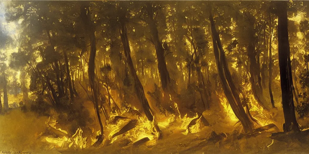 Image similar to forest fire artwork by eugene von guerard, john singer sargent