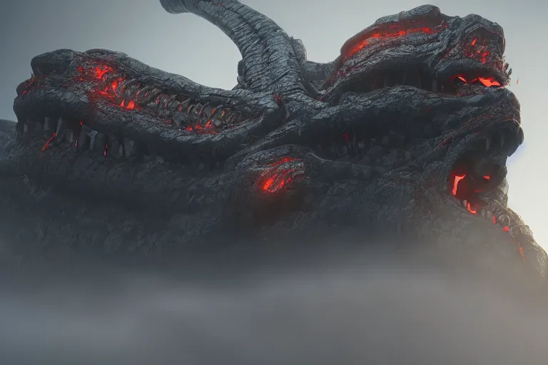 Image similar to amplified ritual engine, closeup portrait of a colossal volcanic serpent, shrouded in fog, dramatic lighting, unreal engine, cgsociety, artstation, 4k