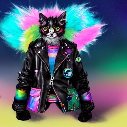 Image similar to wide angle full body, jacket wearing fluffy cute rainbow kitten wearing a black leather motorcycle jacket, concept art