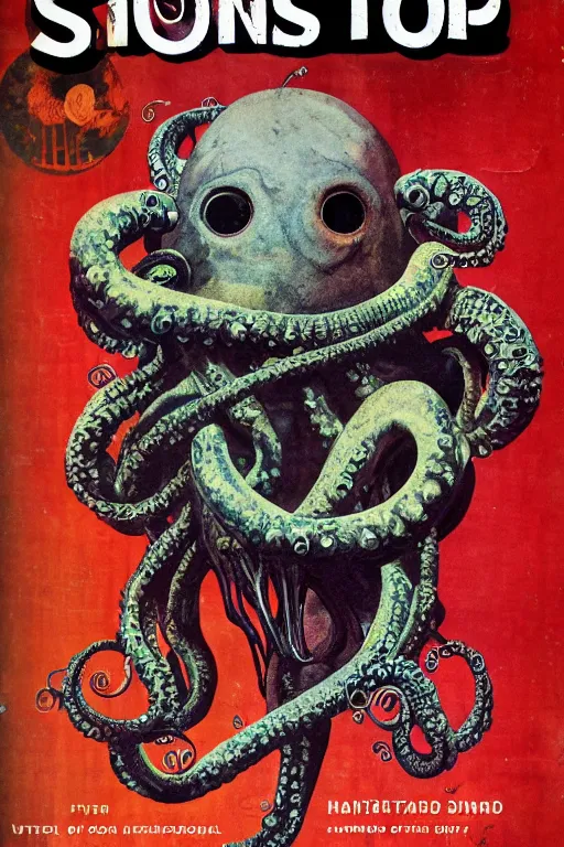 Prompt: photo of poor condition, torn, stained, vintage pulp scifi science fiction magazine cover showing upper body portrait of a monster with tentacles coming from its head, 4 k, high definition