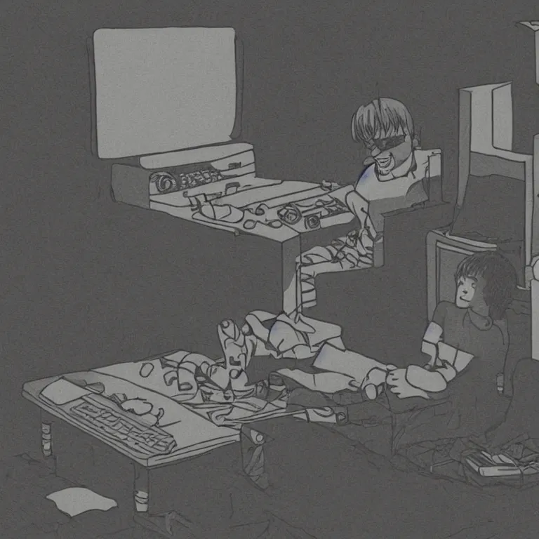 Image similar to illustration of teenager playing video games inside ominous creepy 1 9 8 0's teenagers bedroom. manga style of kentaro mirua,