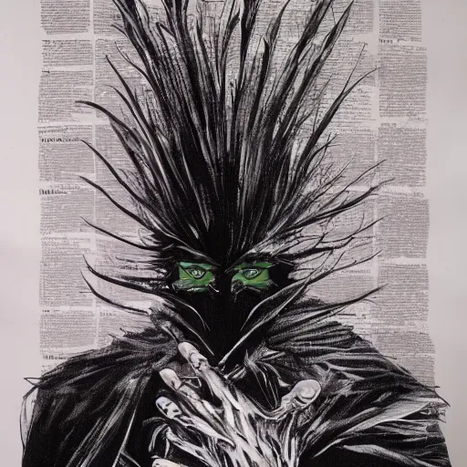 Image similar to vincent price as billionaire howard hughes in long black feathered cloak, black hands tipped with black claws, feathers growing out of skin, being abusive and angry, vivid, mike mignogna, illustration, dynamic and dramatic, highly detailed, rough paper, dark, oil painting