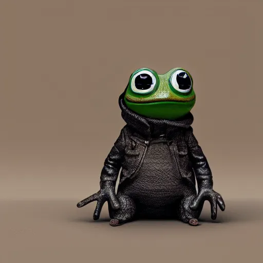 Image similar to perfectly accurate miniature figure of pepe the frog wearing jeans and a black leather jacket, soft textures, skin texture, clothing, 3d sculpture, textured, fine detail, lifelike, photo, high resolution, octane render, post processing, after effects, trending on artstation