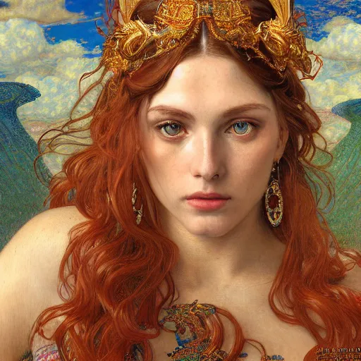 Image similar to an portrait of a beautiful alluring female goddess, detailed, centered, digital painting, artstation, concept art, donato giancola, Dante Gabriel Rossetti, alphonse mucha, Joseph Christian Leyendecker, WLOP, Boris Vallejo, Breathtaking, 8k resolution, extremely detailed, beautiful, establishing shot, artistic, hyperrealistic, beautiful face, octane render