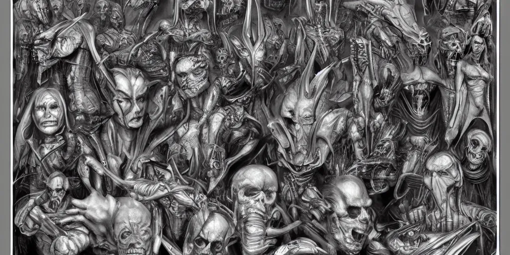 Image similar to highly detailed character sheet, expressive facial features, technical drawing, frontal and side views, human head, game protagonist designs, side - scrolling 2 d platformer, art by h. r. giger, kim jung gi and burne hogarth